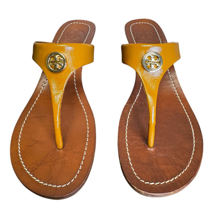 Tory Burch Yellow Brown Cameron Patent Leather Logo Thong Sandal Womens 8