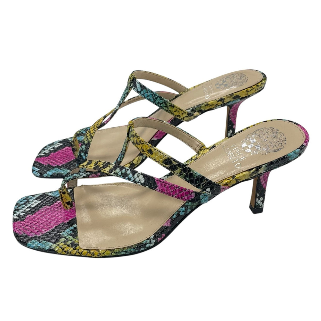 Vince Camuto Soraja Multicolor Square Toe Snakeskin Heeled Strappy Sandal Size 9