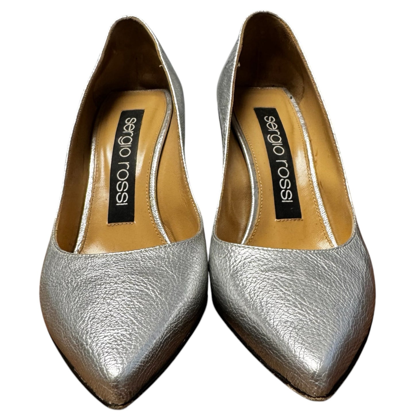 Sergio Rossi Silver Metallic Patent Leather Pointed Toe Pumps Womens 6