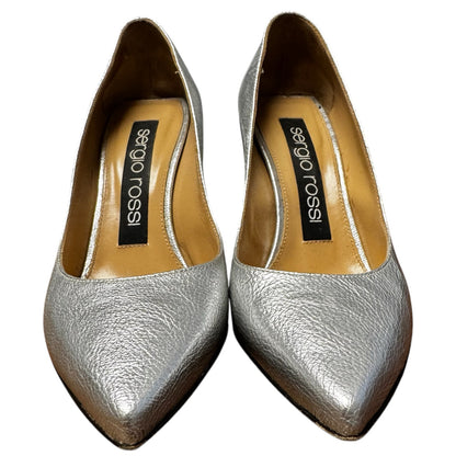 Sergio Rossi Silver Metallic Patent Leather Pointed Toe Pumps Womens 6