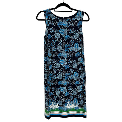 Chico’s Navy Blue Floral Point Border Print Sleeveless Shift Dress Womens US 4