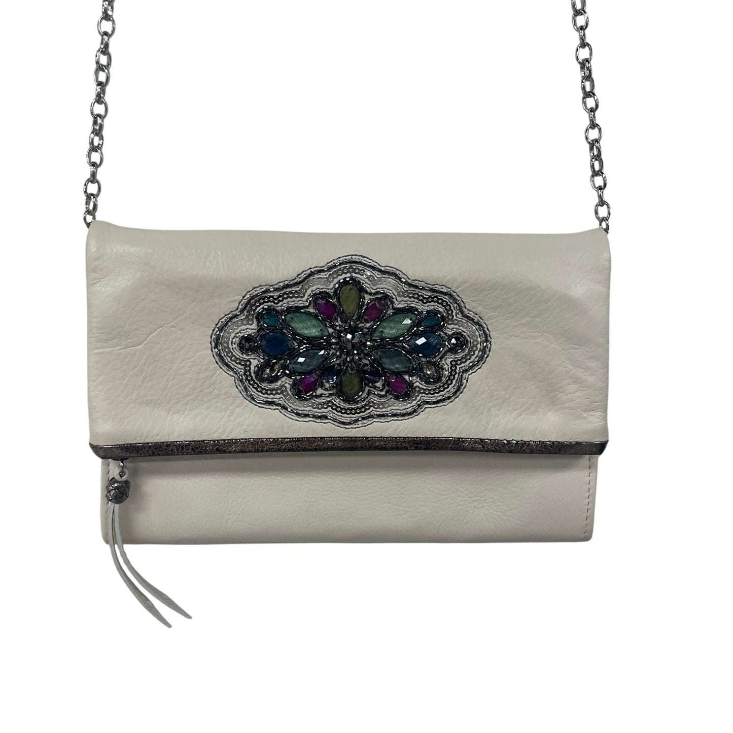 Brighton Anju Front Flap Cream Leather Bejeweled Wallet Organizer Crossbody Bag