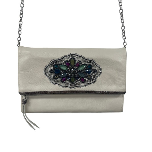 Brighton Anju Front Flap Cream Leather Bejeweled Wallet Organizer Crossbody Bag