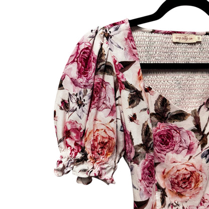Ivy City Co White Pink Rose Print Puff Sleeve Square Neck Top Womens X-Small