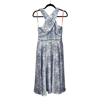 Monique Lhuillier Blue White Floral Print Melete Crossover Midi Dress Womens 8