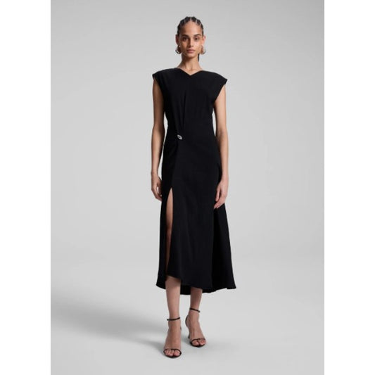 NWT A.L.C. Black Mary Hammered Crepe Cap Sleeve High Slit Midi Dress Womens 2