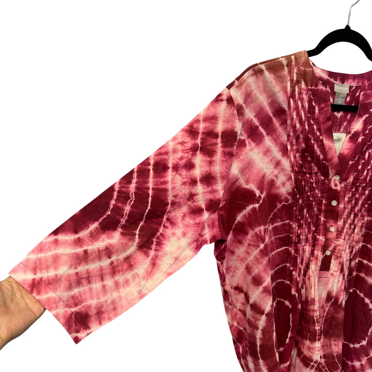 NWT Chico’s Deep Cherry Tie Dye Peasant Sleeve Pintuck Cotton Blouse Womens 20