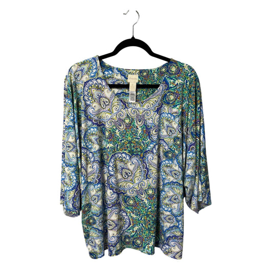 Chico's Blue Green Purple Paisley 3/4 Kimono Sleeve Round Neck Top Womens 20