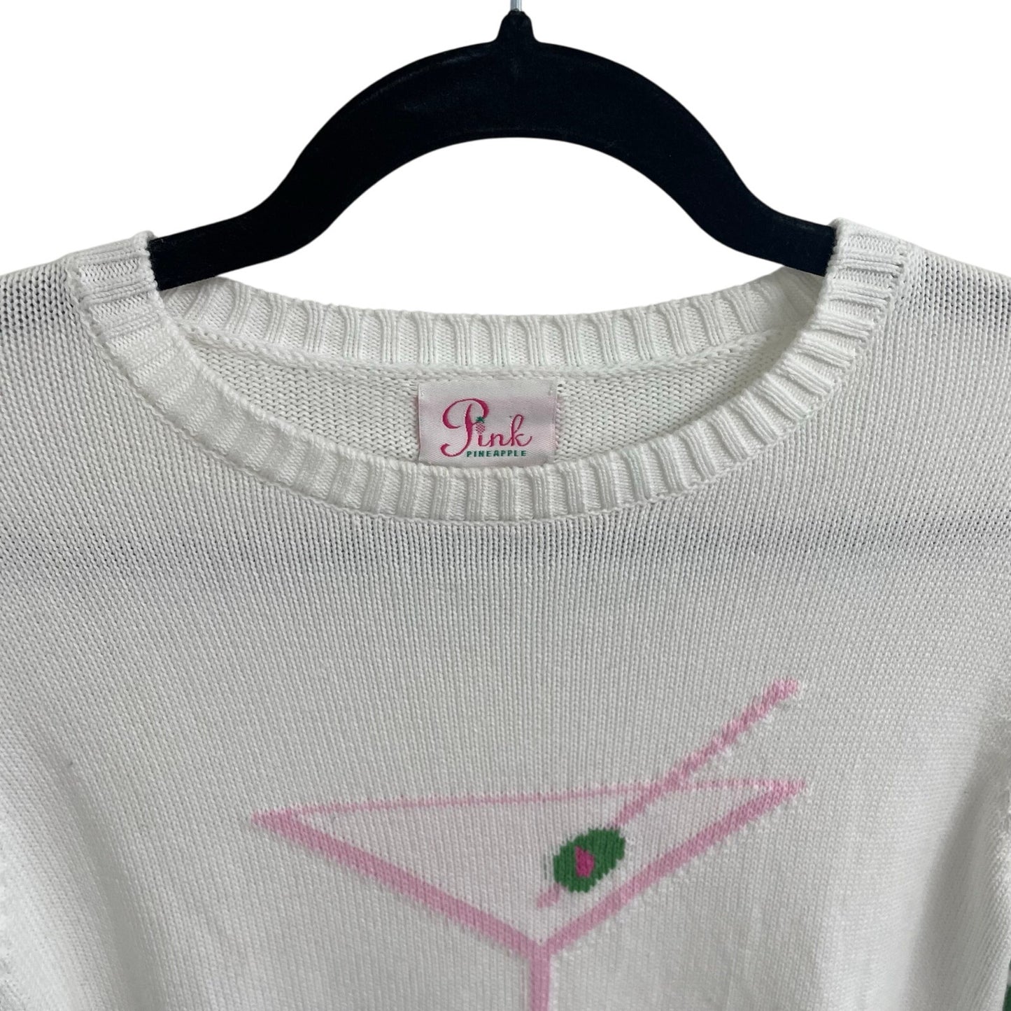 Pink Pineapple Martini Time Sweater White Pink Green Knit Crewneck Womens Small