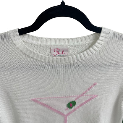Pink Pineapple Martini Time Sweater White Pink Green Knit Crewneck Womens Small
