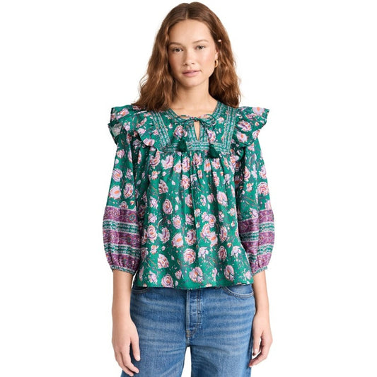 Cleobella Puff Sleeve Tie Neck Mylah Blouse In Jade Floral Green Purple Large
