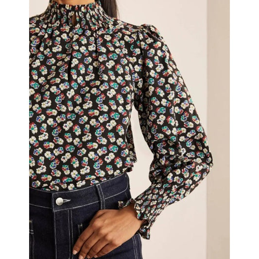 Boden Ellie Smocked Black Multi Floral Print High Neck Top Womens US 16 / 18