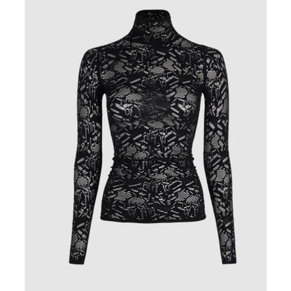 NWT Christian Dior Black Stretch Lace Long Sleeve Mock Neck Top Womens Medium