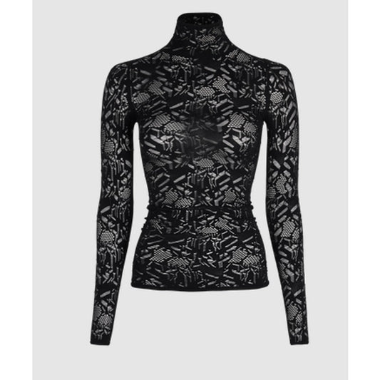 NWT Christian Dior Black Stretch Lace Long Sleeve Mock Neck Top Womens Medium