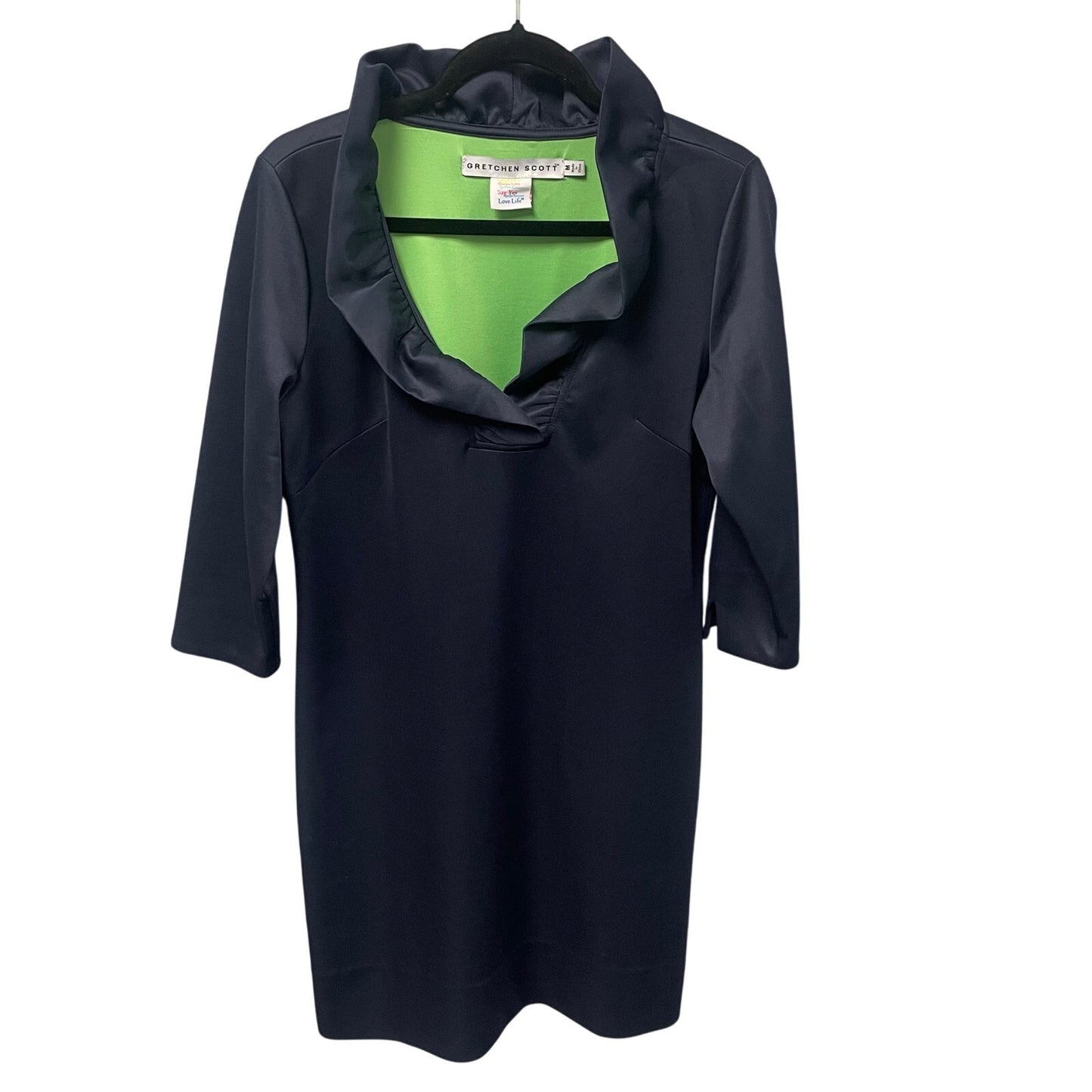 Gretchen Scott Ruff Neck 3/4 Sleeve Navy Shift Dress Womens Size Medium