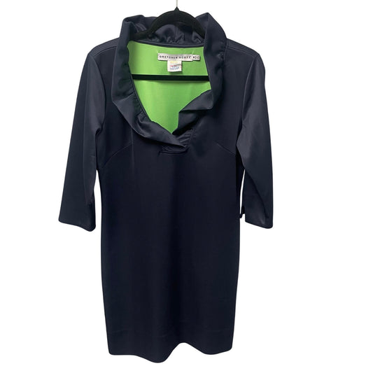 Gretchen Scott Ruff Neck 3/4 Sleeve Navy Shift Dress Womens Size Medium
