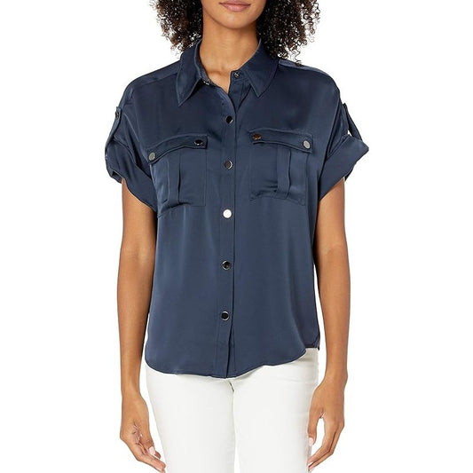 NWT Ramy Brook Slate Blue Short Sleeve Button Down Sawyer Top Womens X-Small