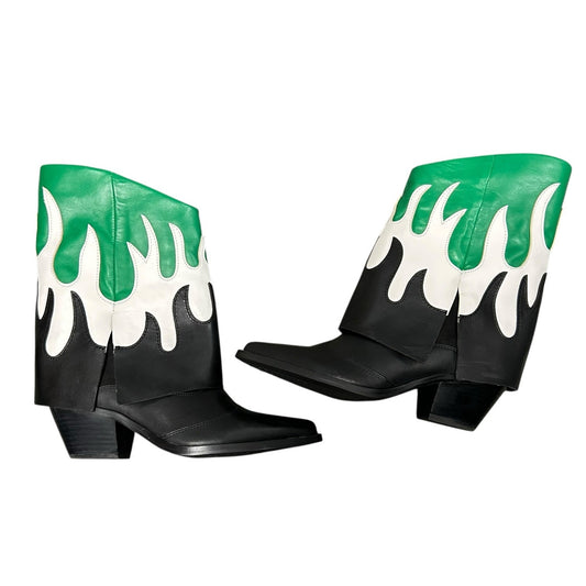 Gianni Bini Black White Green Conley Flame Leather Western Boots Womens 5.5