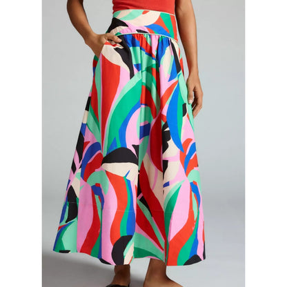 Farm Rio Colorful Monstera Side Zip Cotton Maxi Skirt Womens Medium