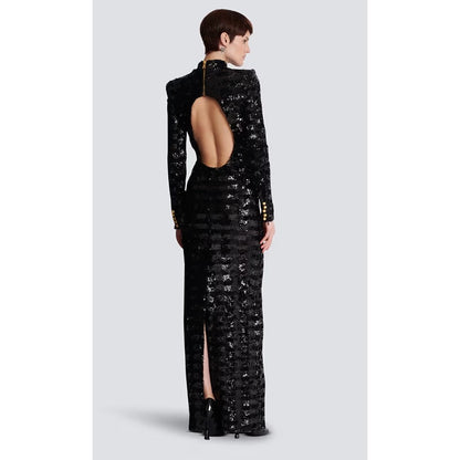 NWT Balmain Black Sequin Gold Button High Collar Fitted Long Maxi Dress Women 36
