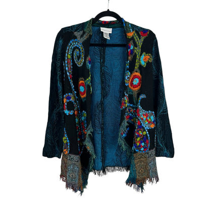 Soft Surroundings Black Multicolor Abstract Floral Print Wool Cardigan Womens XS