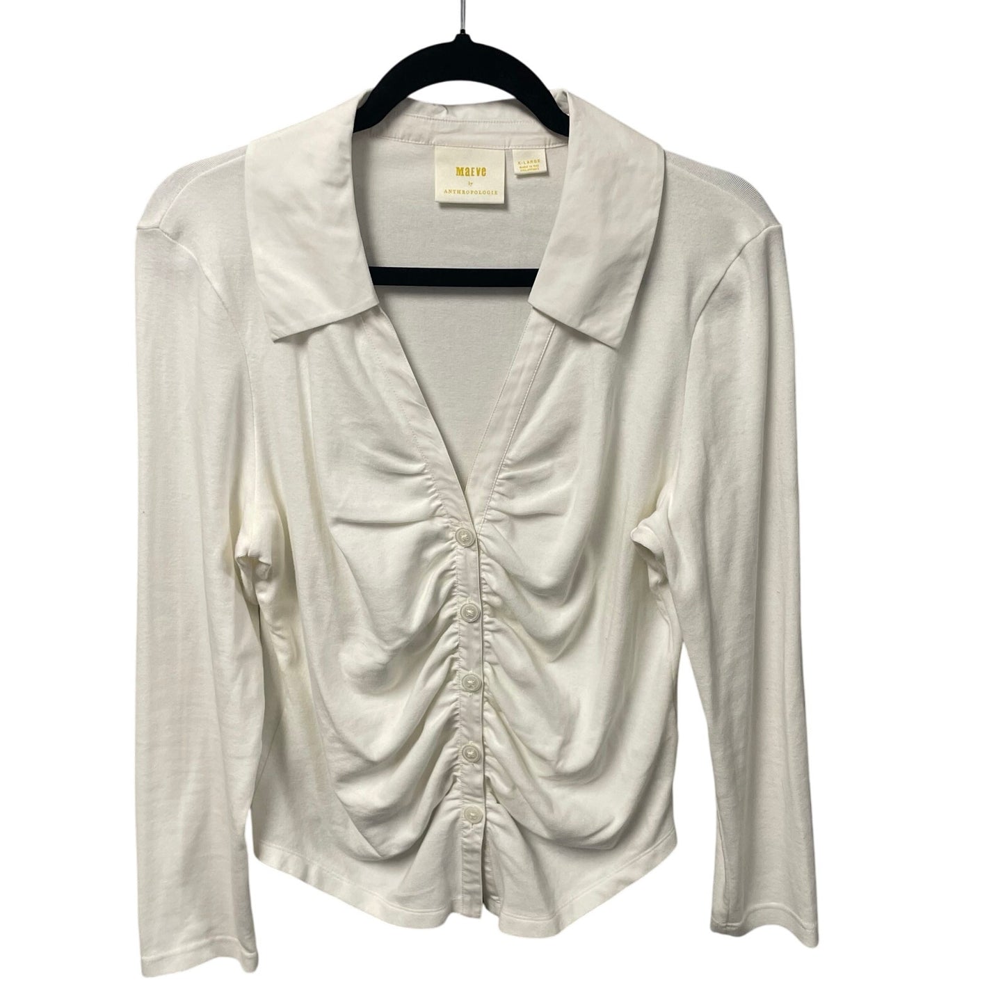 Anthropologie Maeve Ruched V Neck Button Up Collared Shirt White Womens Size XL