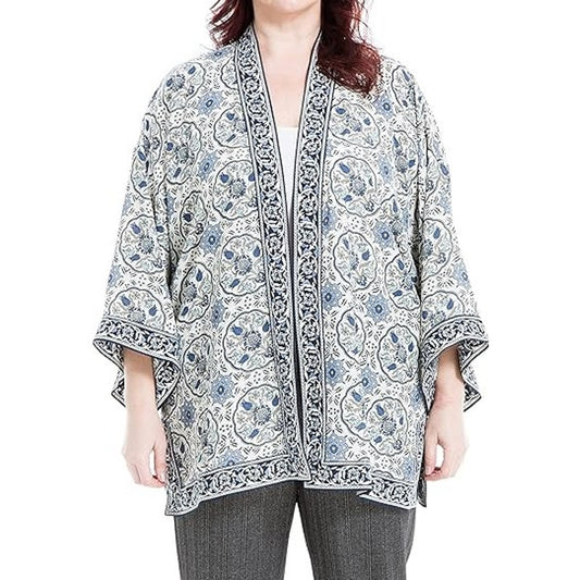 Max Studio Blue White Print Long Kimono Sleeve Open Front Cardigan Womens 1X