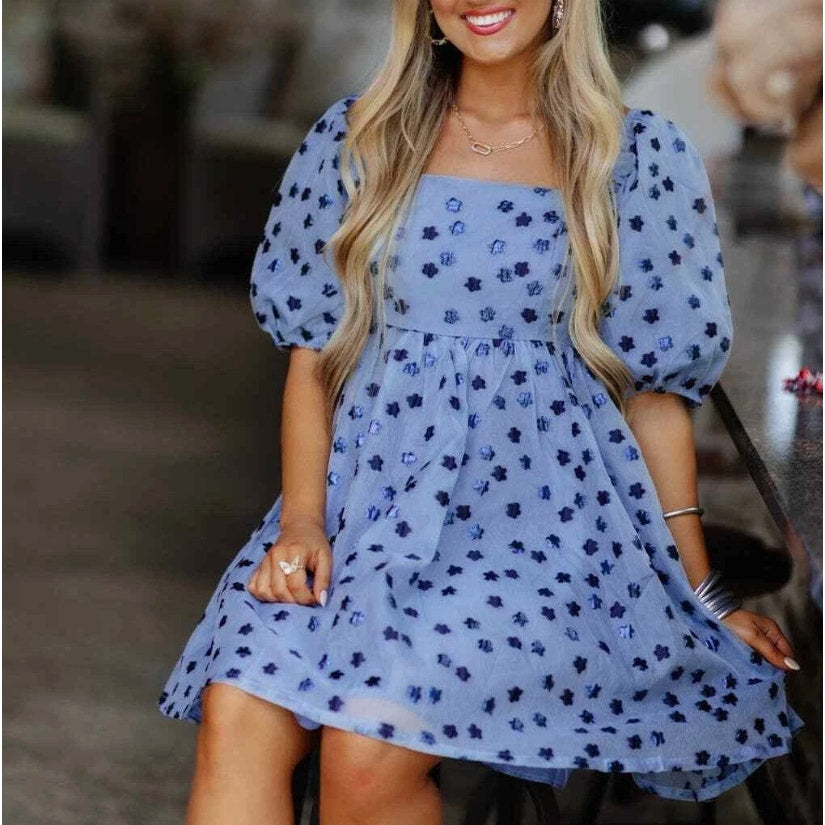 TCEC Navy Blue Floral Print Short Puff Sleeve Babydoll Mini Dress Womens Small