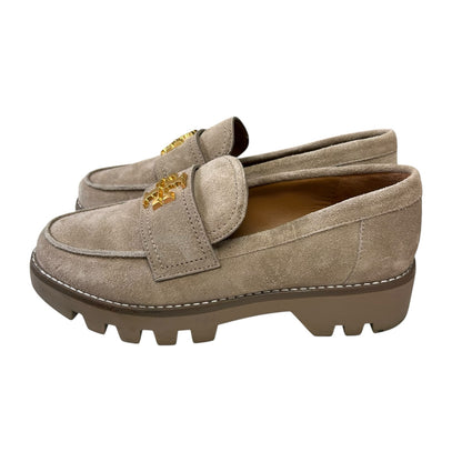 Tory Burch Avola Tan Suede Leather Gold Logo Everly Chunky Loafers Womens 6