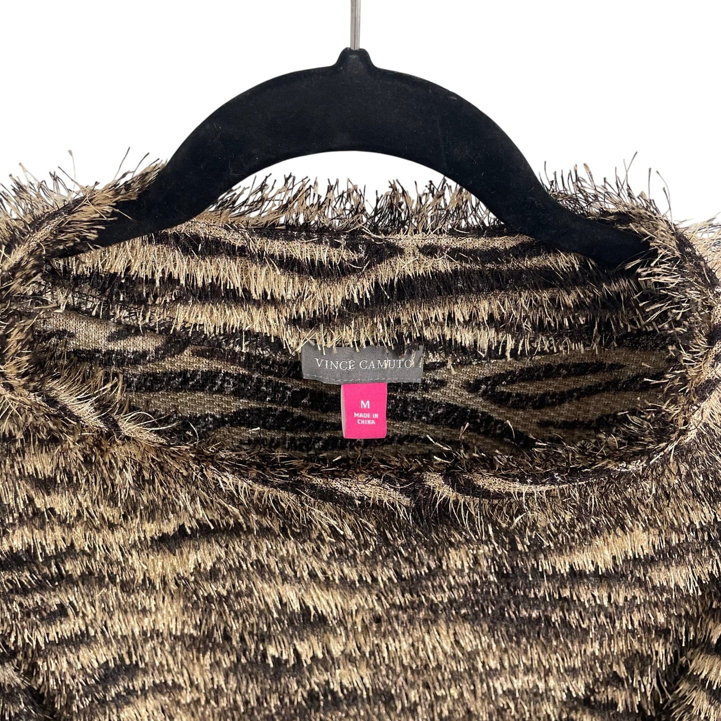Vince Camuto Eyelash Knit Zebra Print Mock Neck Sweater Tan Brown Womens Medium
