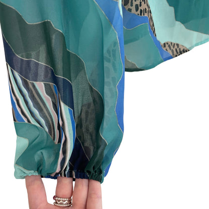 NWT Hutch Sheer Tie Front Blue Green Animal Mixed Print Long Sleeve Top Size XS