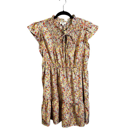 Umgee Multi Color Floral Print Flutter Sleeve Neck Tie Smocked Dress Women Large