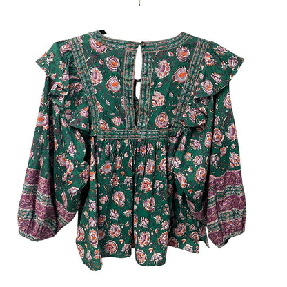 Cleobella Puff Sleeve Tie Neck Mylah Blouse In Jade Floral Green Purple Large