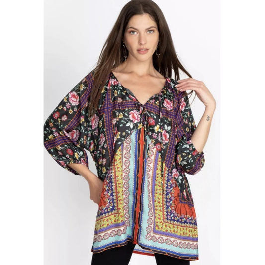 Johnny Was Lookout Electra Floral 3/4 Sleeve V Neck Silk Blouse Womens Small