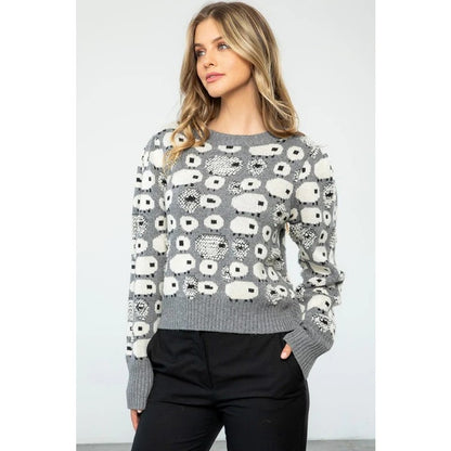 THML Grey White Sheep Print Long Sleeve Pullover Sweater Womens Size Small