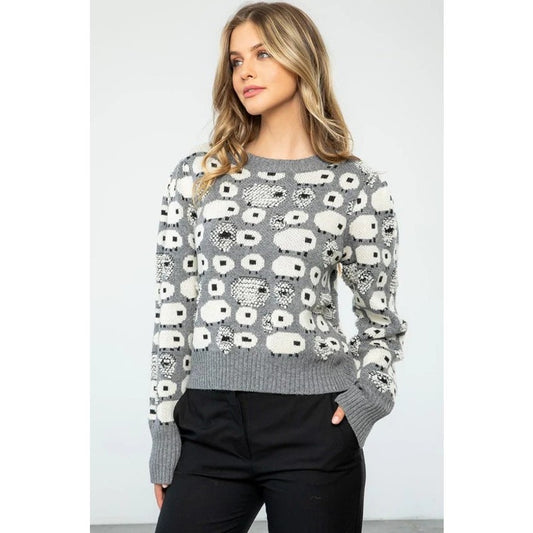 THML Grey White Sheep Print Long Sleeve Pullover Sweater Womens Size Small