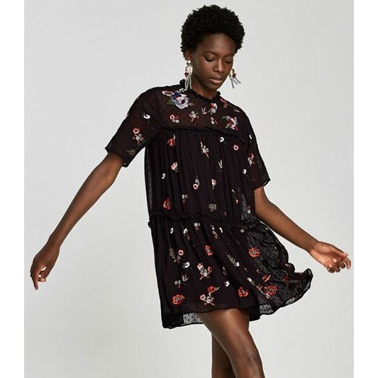 Zara Woman Mesh Dot Black Floral Embroidered Short Sleeve Dress Size Medium