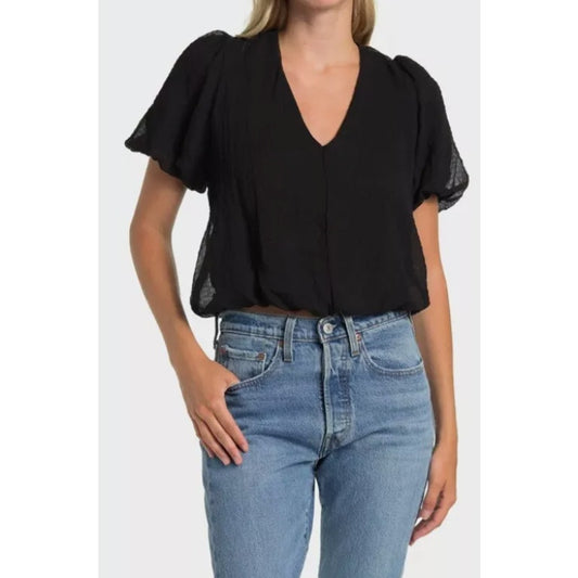ASTR The Label Black Gauze Short Bubble Sleeve Tie Back Crop Top Womens XS