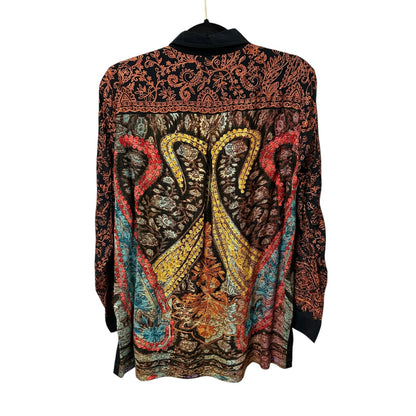 John Mark Orange Navy Floral Embroidered Long Sleeve Button Up Top Womens Small