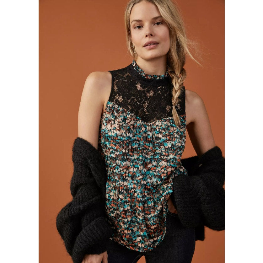 NWT Daniel Rainn Anthropologie Black Multi Bella Illusion Neck Top Womens XS