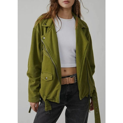 Free People We The Free Rebel Knit Oversized Moto Jacket Green Womens Small