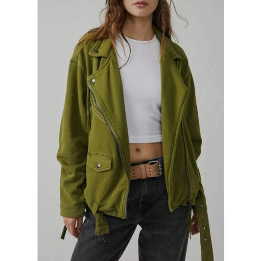 Free People We The Free Rebel Knit Oversized Moto Jacket Green Womens Small