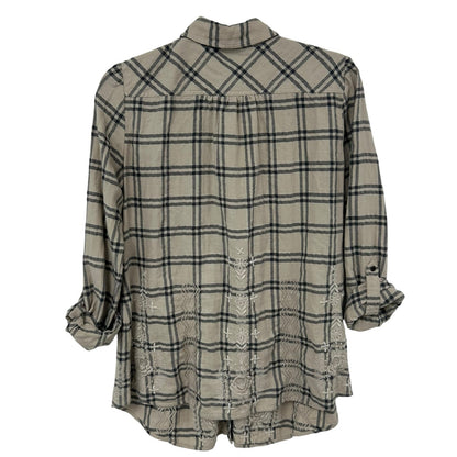 Johnny Was Workshop Tan Black Plaid Babydoll Button Up Shirt Womens Small