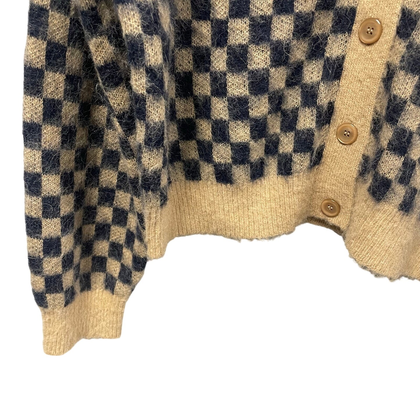 J. Crew Navy Tan Checkered Print V Neck Button Up Cardigan Sweater Womens Large