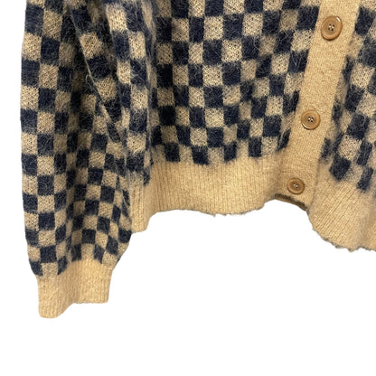J. Crew Navy Tan Checkered Print V Neck Button Up Cardigan Sweater Womens Large