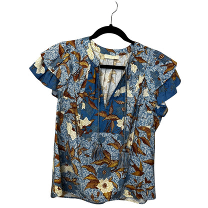 Ulla Johnson Blue Orange Floral Flutter Sleeve V Neck Cotton Top Womens 8