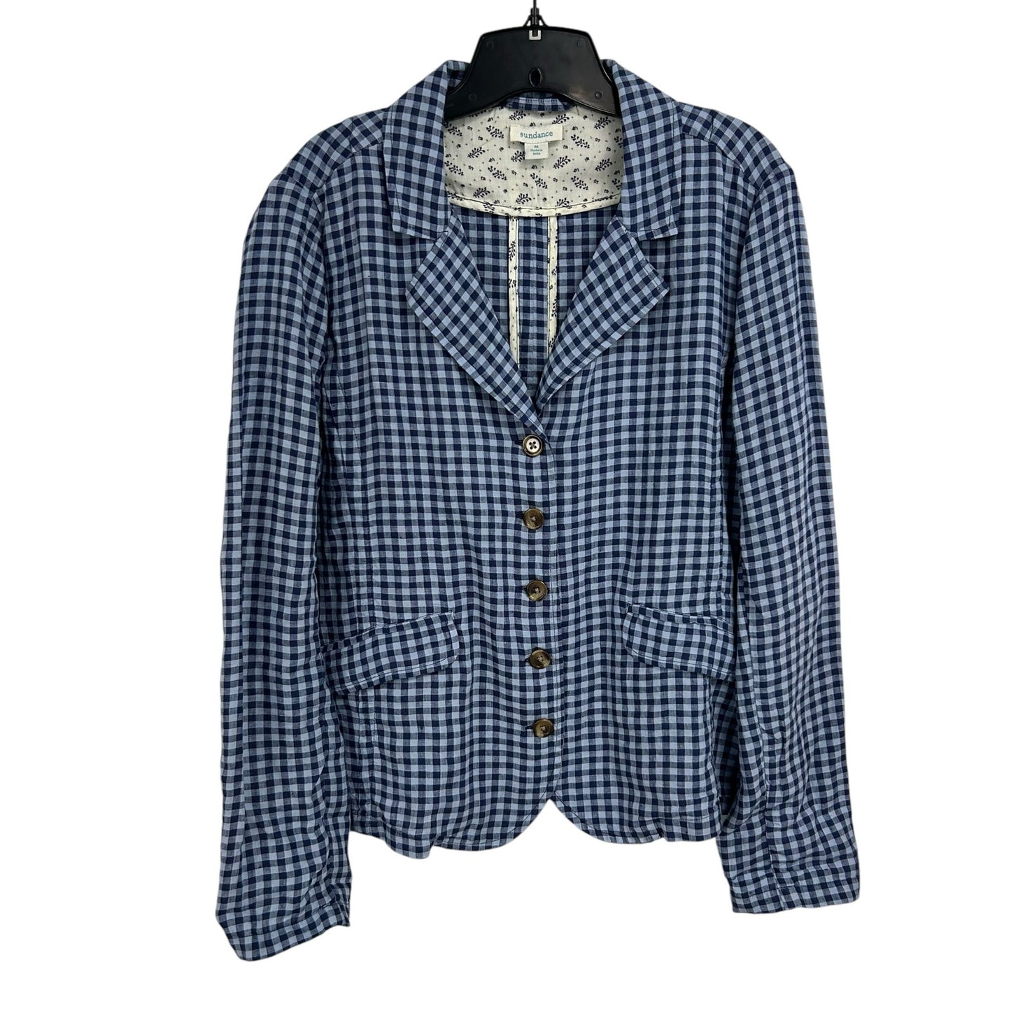 Sundance Navy Blue Gingham Button Front Linen Ziri Blazer Womens Medium