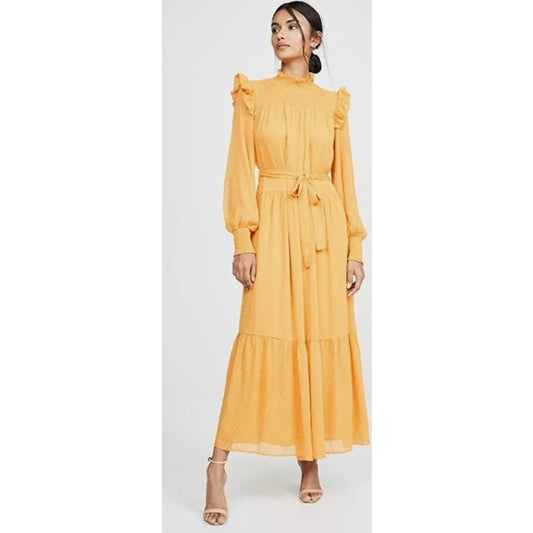 NWT English Factory Yellow Long Sleeve Swiss Dot Smocked Maxi Dress Size Small