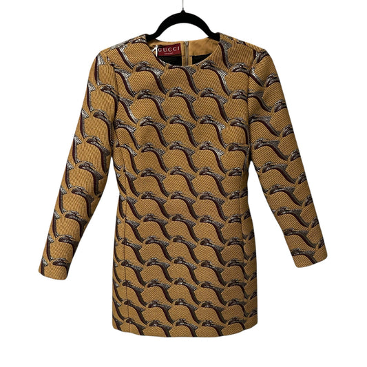 NWT Gucci Camel Brown Wool Jacquard Graphic Crane Mini Dress Womens 38 / US 2