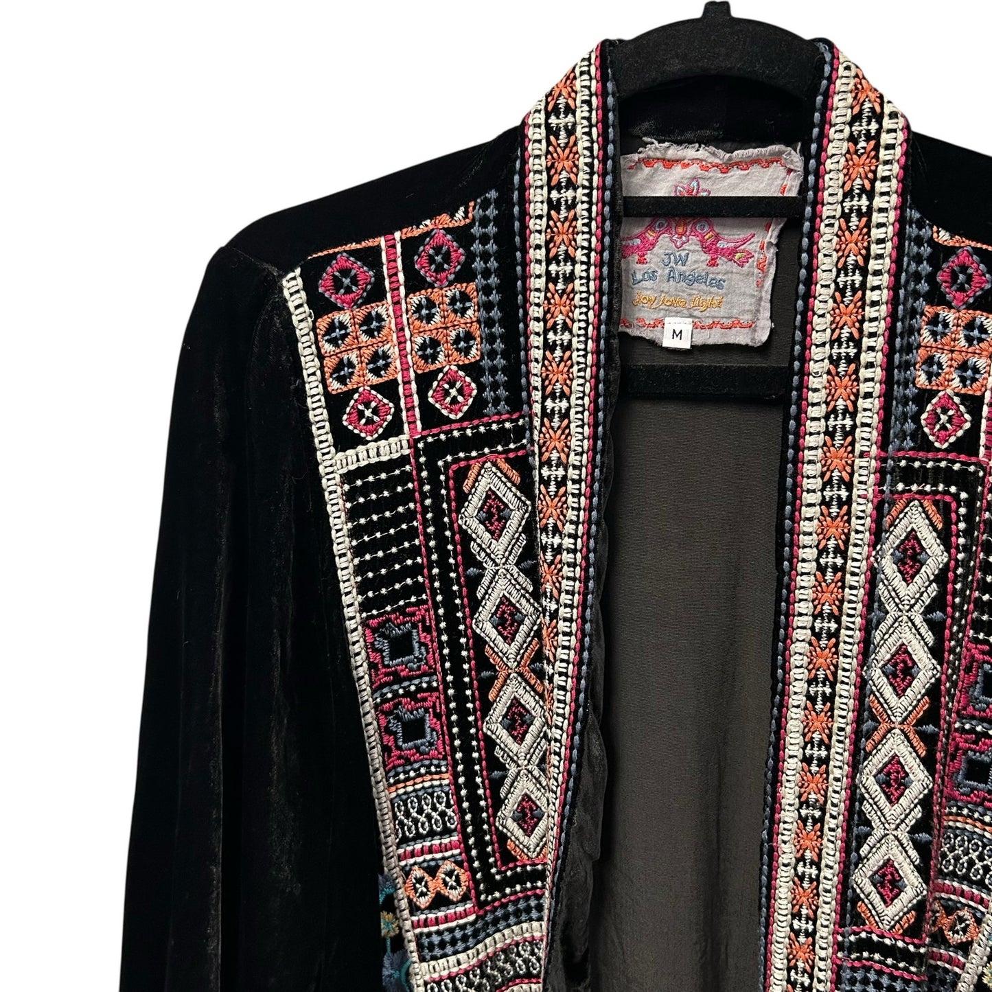 Johnny Was Black Multi Embroidered Velvet Open Front Cardigan Womens Medium